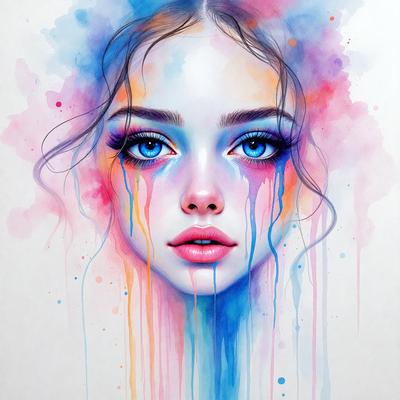 The primary subject of the image is a woman with blue eyes, a pink nose, and a blue mouth. She is depicted with a colorful background, which includes a mix of blue, pink, yellow, and orange colors. The visual style of the image is a combination of digital art and illustration, creating a vibrant and artistic representation of the woman. The overall atmosphere of the image is lively and captivating, with the woman's features and the colorful background creating a striking and memorable image